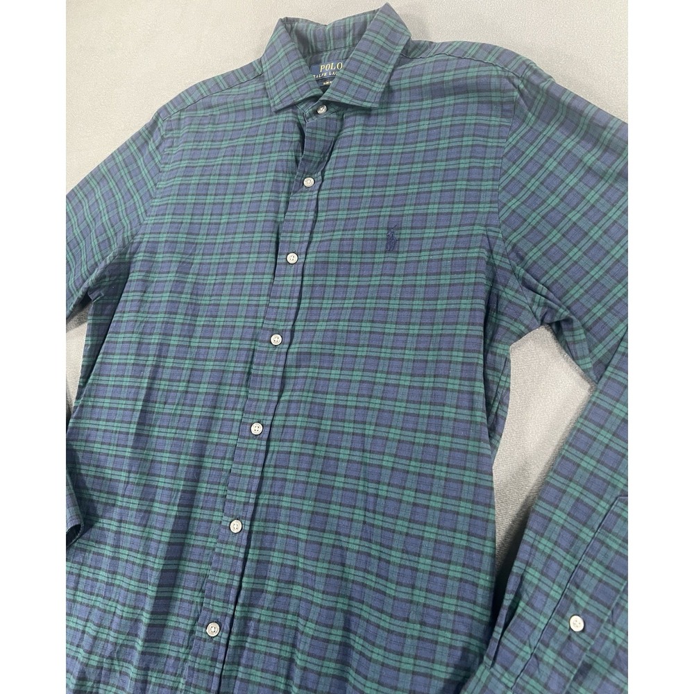 Polo Ralph Lauren Slim Fit Men's Medium Long Sleeve Button Up Green & Navy Plaid - Picture 3 of 8